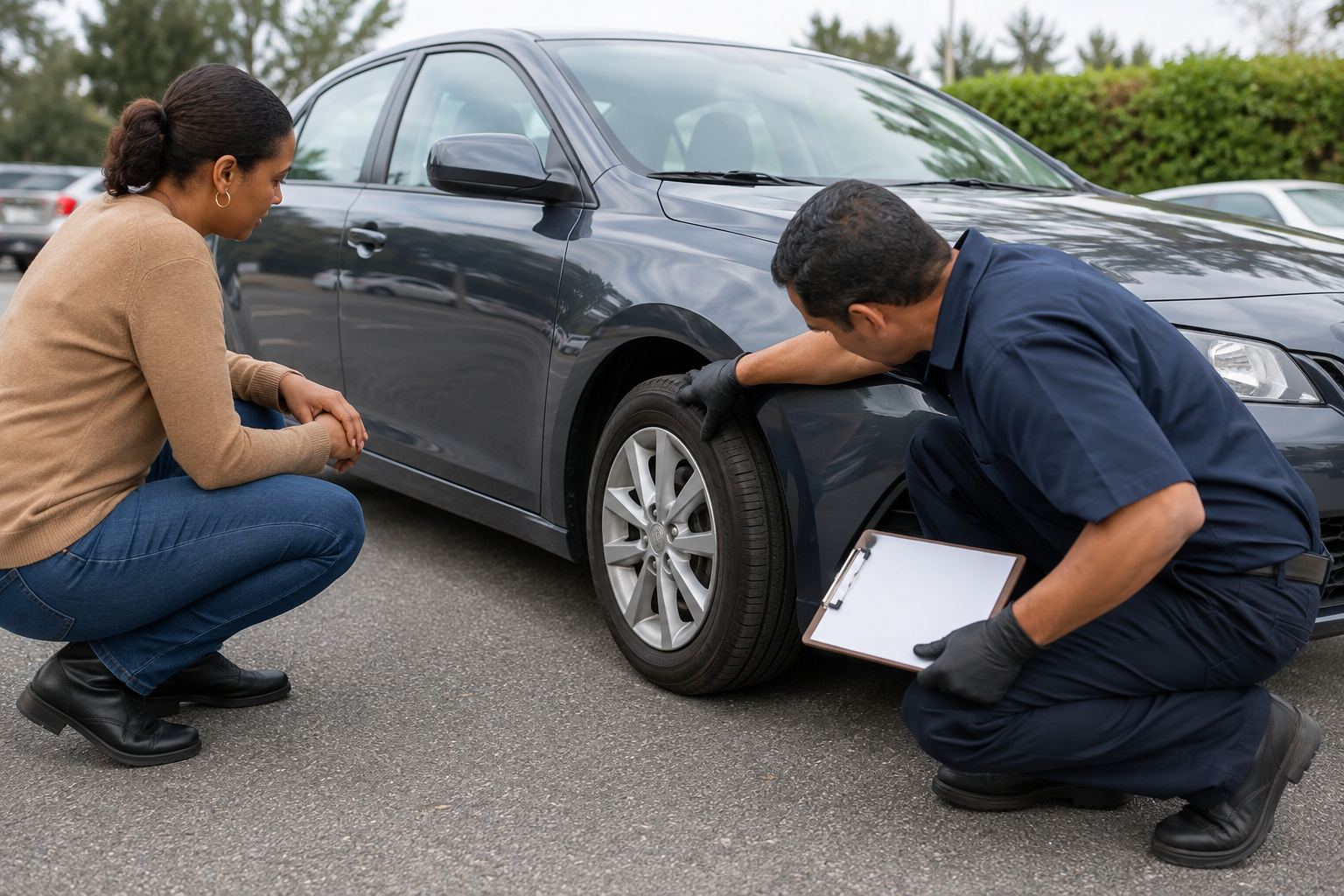 Buyer and mechanic inspecting used sedan